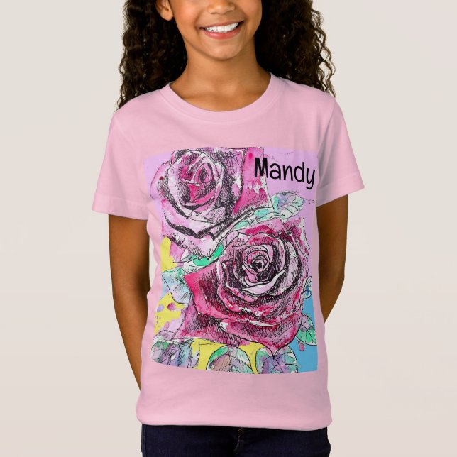 Färgfärgad Shock rosa med röd ros-blommor T Shirt (Framsida)
