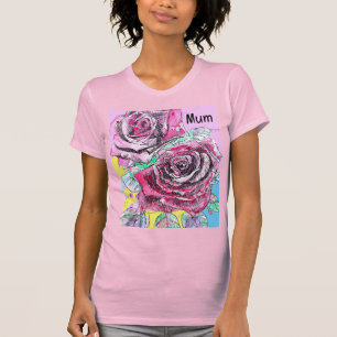 Färgfärgad Shock rosa med röd ros-blommor T Shirt