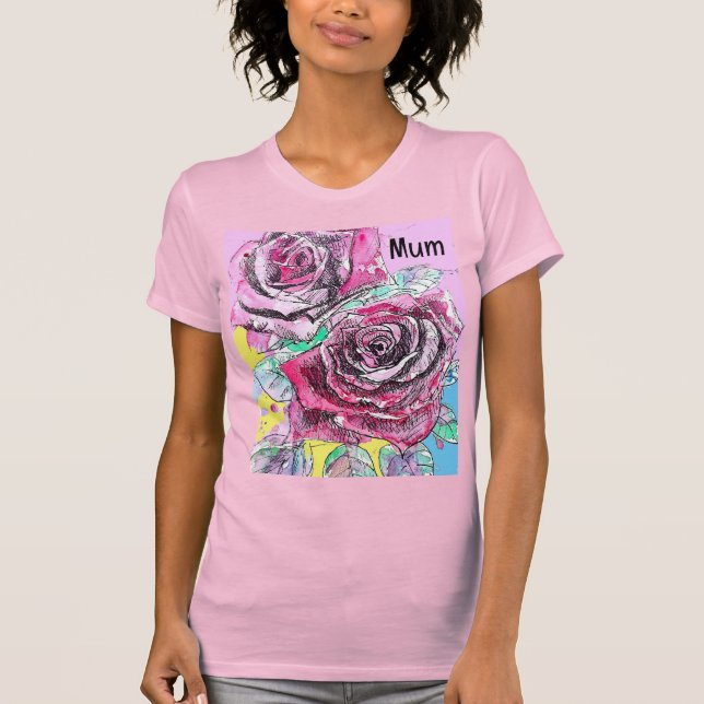 Färgfärgad Shock rosa med röd ros-blommor T Shirt (Framsida)