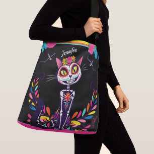 Färgfärgad sockerkatt, svart day of the dead axelväska