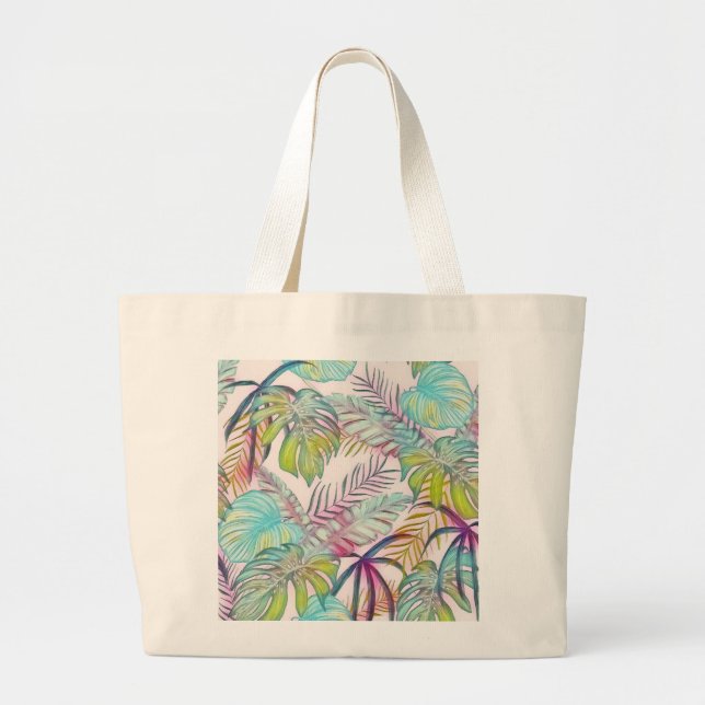 Färgfärgad, stor, tropiska löv, vattenfärgmålning jumbo tygkasse (Framsidan)