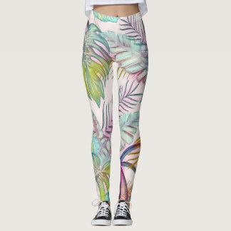 Färgfärgad, stor, tropiska löv, vattenfärgmålning leggings