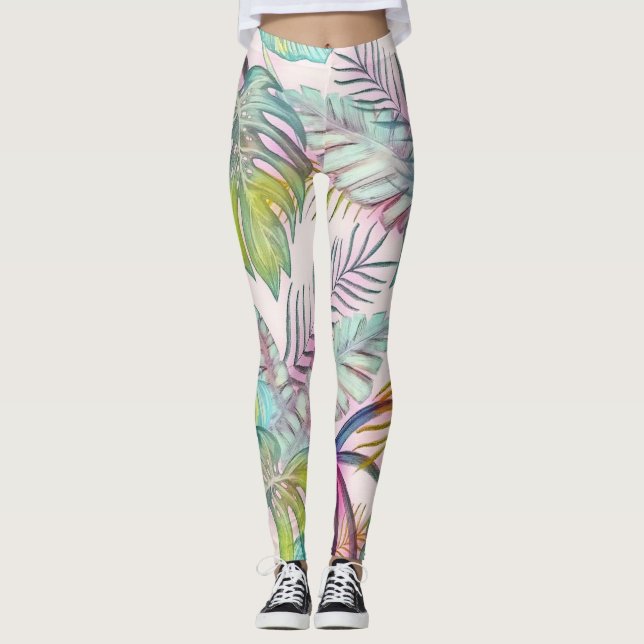 Färgfärgad, stor, tropiska löv, vattenfärgmålning leggings (Framsida)