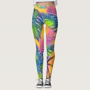 Färgfärgad, stor, tropiska löv, vattenfärgmålning leggings