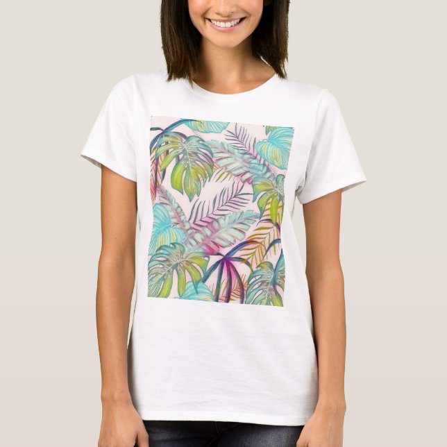 Färgfärgad, stor, tropiska löv, vattenfärgmålning t shirt (Framsida)