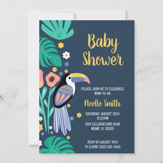 Färgfärgad Tropical Toucan Bird Flowers Baby Showe Inbjudningar (Framsida)