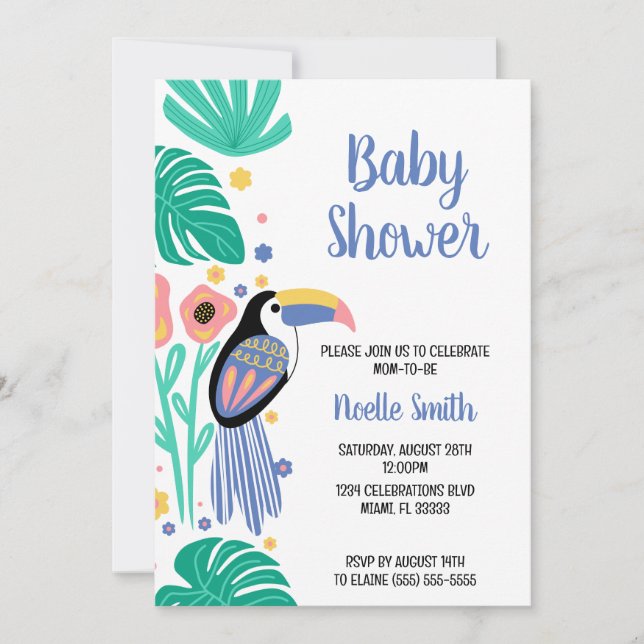 Färgfärgad Tropical Toucan Bird Flowers Baby Showe Inbjudningar (Framsida)