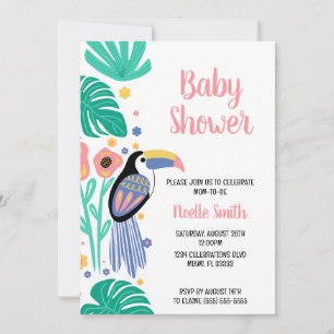 Färgfärgad Tropical Toucan Bird Flowers Baby Showe Inbjudningar