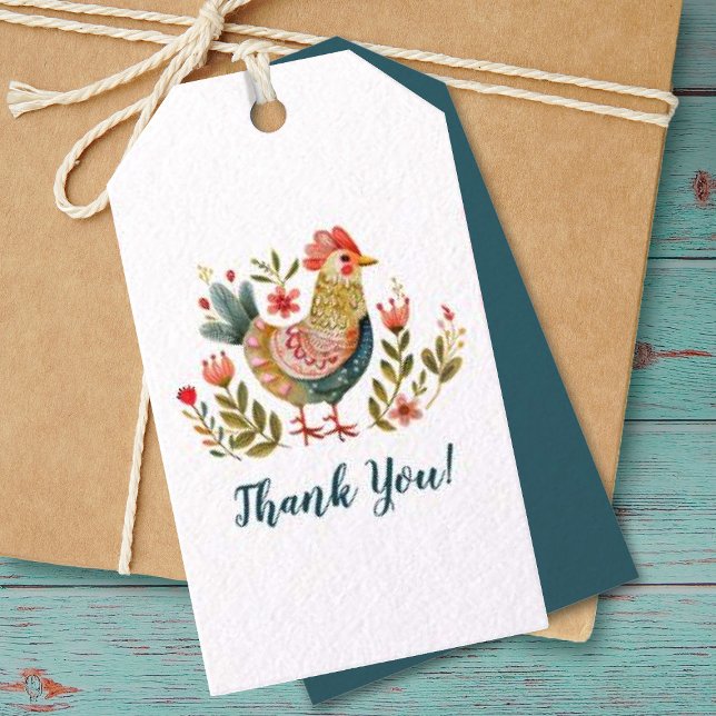 Färgfärgad vattenfärg Chicken Folk Art Tack Presentetikett (A pretty watercolor folk art chicken decorates this thank you gift tag)
