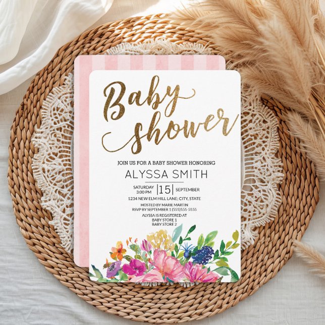 Färgfärgad vattenfärgad Blommigt Guld White Baby S Inbjudningar (Pink, blue, and yellow watercolor floral baby shower invitation)