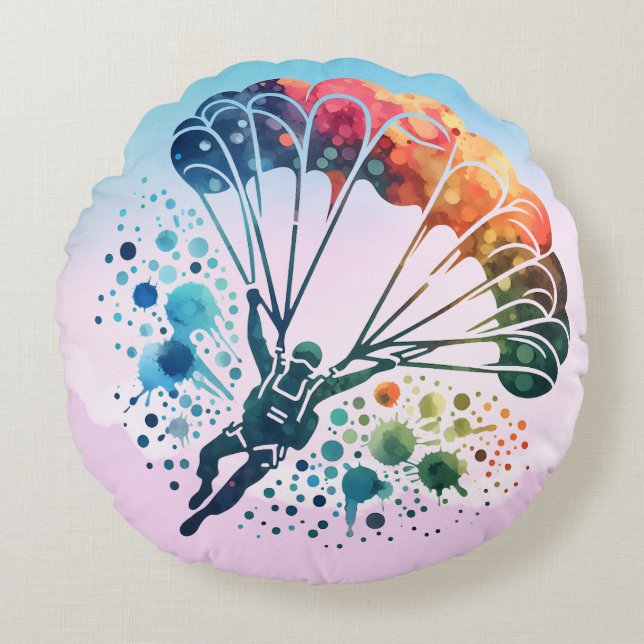 Färgfärgad vattensfärgad Skydiver Rund Kudde (Framsidan)