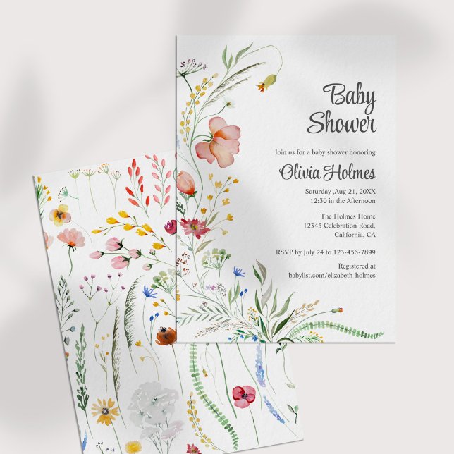 Färgfärgad Watercolor WildblommBaby Shower Inbjudningar (Colorful Watercolor Wildflowers Baby Shower Invitation on a white table.)