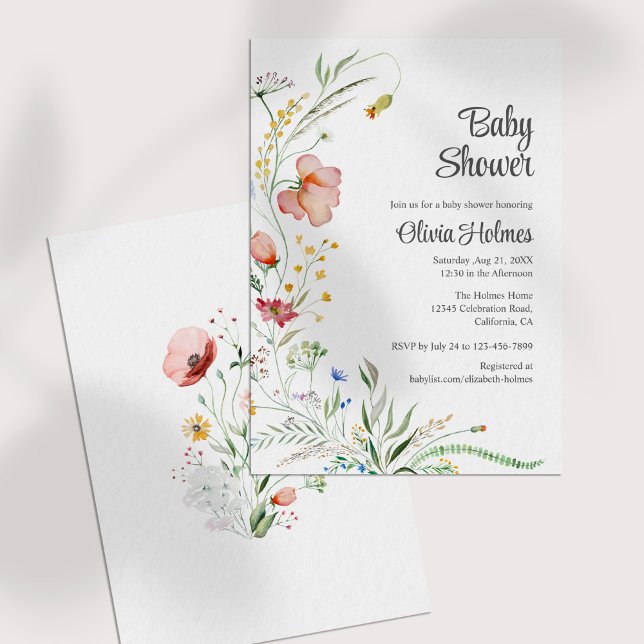 Färgfärgad Watercolor WildblommBaby Shower Inbjudningar (Colorful Watercolor Wildflowers Baby Shower Invitation on a white table.)