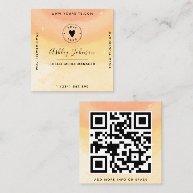 Färgfärgade vattenfärgsmoln Dreamy QR-kod och Logo Fyrkantigt Visitkort (Fram/baksida)