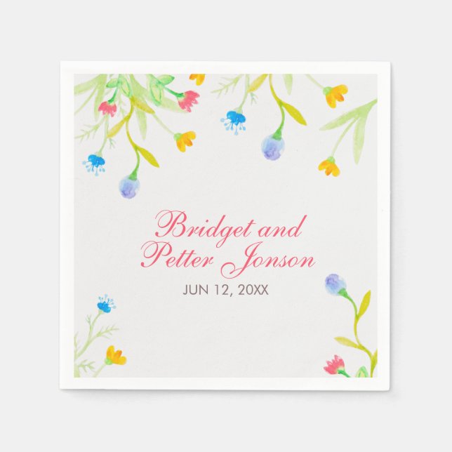 Färgfärgade vattensfärgade sommarblommor pappersservett (Framsidan)