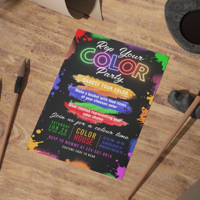 Färgfest svart inbjudan redigerbar inbjudan (Color Party Black Invitation Editable Invitation)