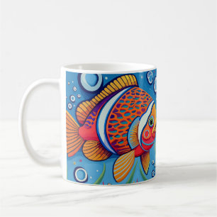 Färgfiskar i färglös fisk i revet kaffemugg