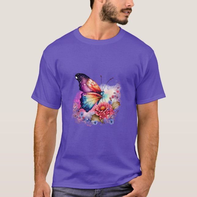 Färgfjäril och Blommigt Unisex T Shirt (Framsida)