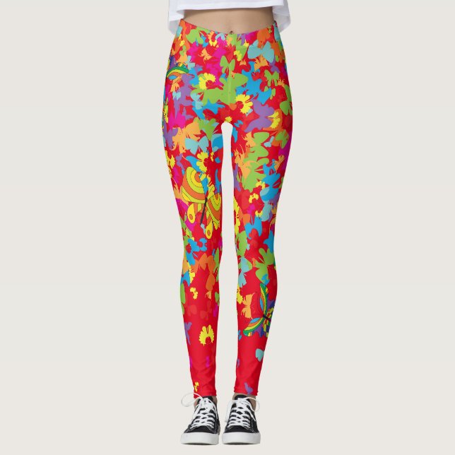 Färgfjärilar 01.bw Röd BG Leggings (Framsida)