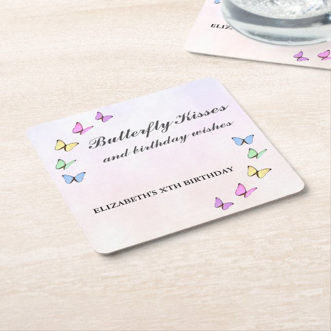 Färgfjärilar, födelsedag underlägg papper kvadrat (Vinklad)