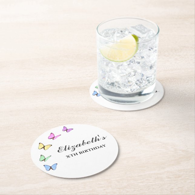 Färgfjärilar, födelsedag underlägg papper rund (Insitu)