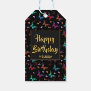 Färgfjärilar Mönster på Black Birthday Presentetikett