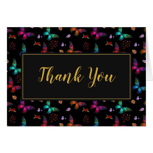 Färgfjärilar Mönster på svart Tack Hälsningskort (Framsidan Horizontal)