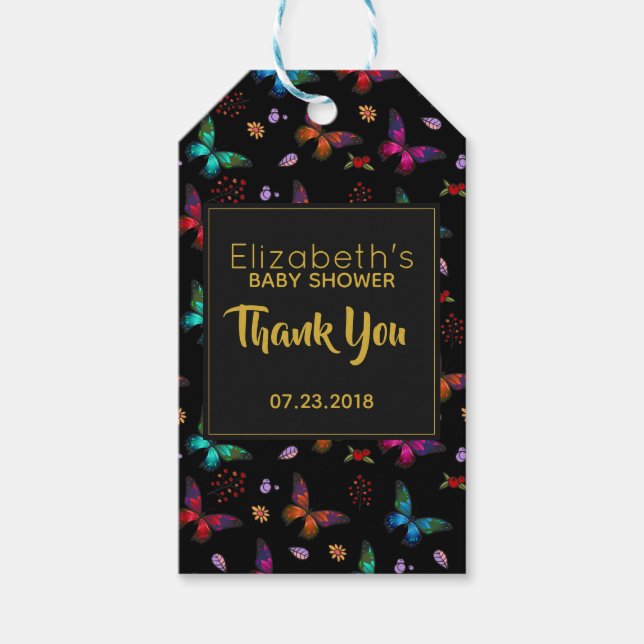 Färgfjärilar Mönster på svart Tack Presentetikett (Framsidan)