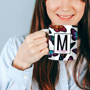 Färgfjärilar Vattenfärg Mönster Monogram Kaffemugg