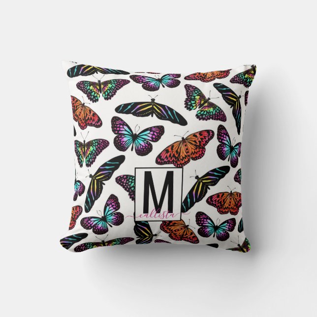 Färgfjärilar Vattenfärg Mönster Monogram Kudde (Framsida)