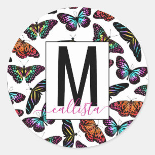Färgfjärilar Vattenfärg Mönster Monogram Runt Klistermärke