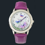 Färgfjärilsmusslor på Vår Armbandsur<br><div class="desc">Tittar på färgämnen med Vår-färg som flyger i Nature Watercolor Painting Butterfly och Flowers - eller Välj / lägg till din favorittext / Färg - Gör din unika bevakningsgåva - Ändra storlek och flytta eller ta bort och lägg till inslag med anpassning verktyg! - Teckning och MJÖLKS utformning. Du kan...</div>