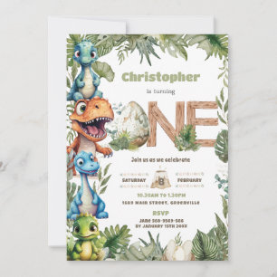 Färgfläckad cute Dinosaurs Greenery 1:a födelsedag Inbjudningar