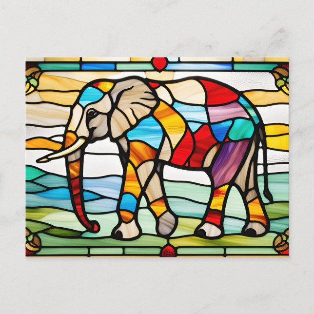 Färgfläckad glasmosaic Elephant Vykort (Framsida)