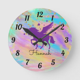 Färgfläckad Guld-Lila Unicorn Round Clock Rund Klocka