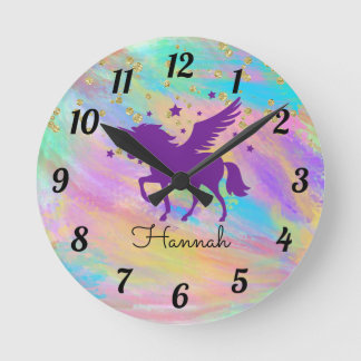 Färgfläckad Guld-Lila Unicorn Round Clock Rund Klocka