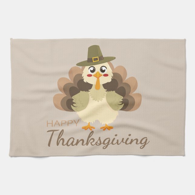Färgfläckad Happy thanksgiving Cute Turkey Kökshandduk (Horisontell)