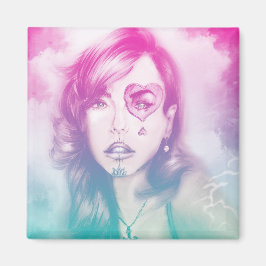 Färgfläckad hjärt-öga-flicka-kvadrat-magnet - regn magnet