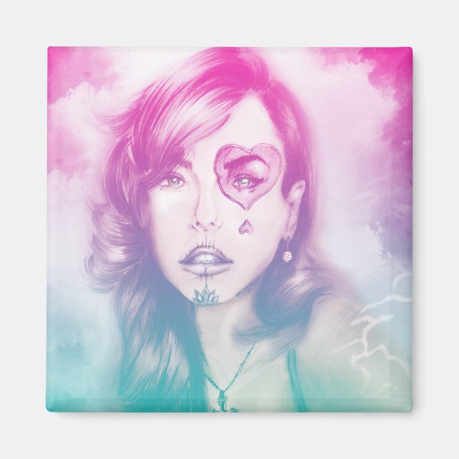 Färgfläckad hjärt-öga-flicka-kvadrat-magnet - regn magnet (Framsidan)