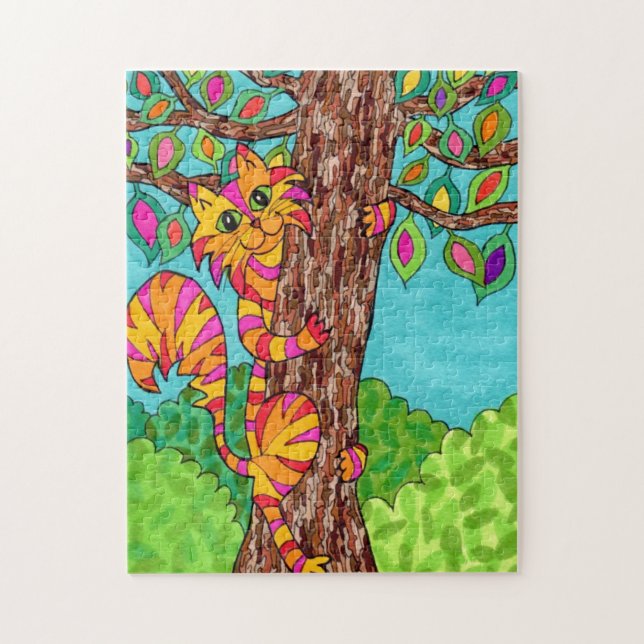 Färgfläckad katt Träd Cute Roligt Tecknad Teckning Pussel (Vertikal)