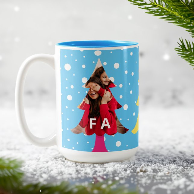 Färgfläckad ljusblå Neon Fa La Julfoto - blå Två-Tonad Mugg (Colourful Bright Neon Fa La Christmas Photo Blue Two-Tone Coffee Mug)