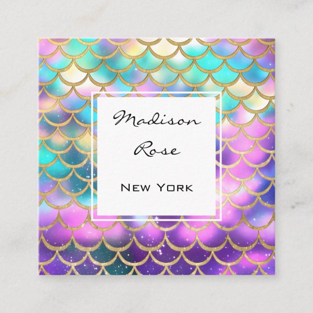 Färgfläckad Pastel Rainbow Unicorn Guld Sjöjungfru Fyrkantigt Visitkort (Framsida)