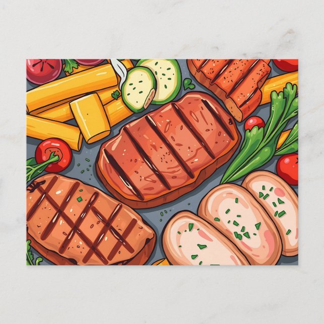 Färgfläckade grönsaker och lean Kött Vykort (Framsida)