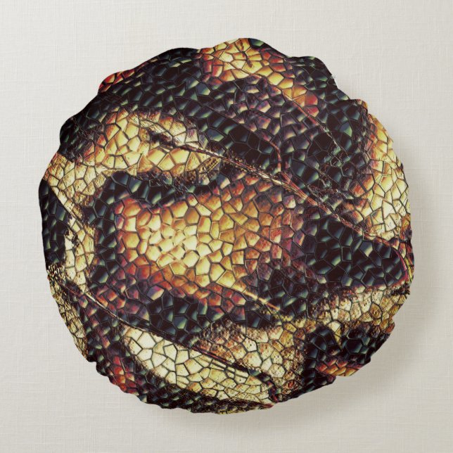 Färgfläckar av reptilläder gulaktigt och brunbeige rund kudde (Baksidan)