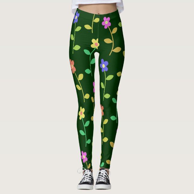 Färgfläckar av vår blommor grönt leggings (Framsida)