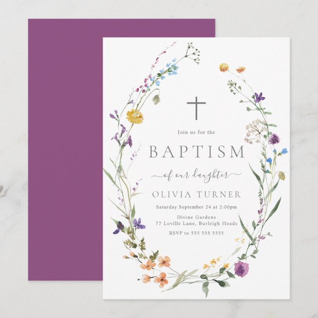 Färgfläckar av Wildblomman Baby Baptism Inbjudningar (Fram/baksida)