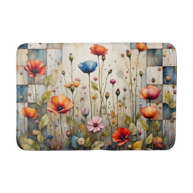 Färgfläckar Blommigt Rustic Blue Patchwork Badrumsmatta (Framsidan)