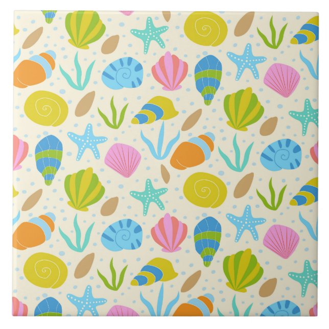 Färgfläckar för Bright Seashells och Starfish Coas Kakelplatta (Framsidan)
