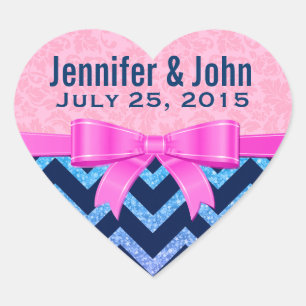 Färgfläckar för Rosa av Glitter Blue Chevron Hjärtformat Klistermärke