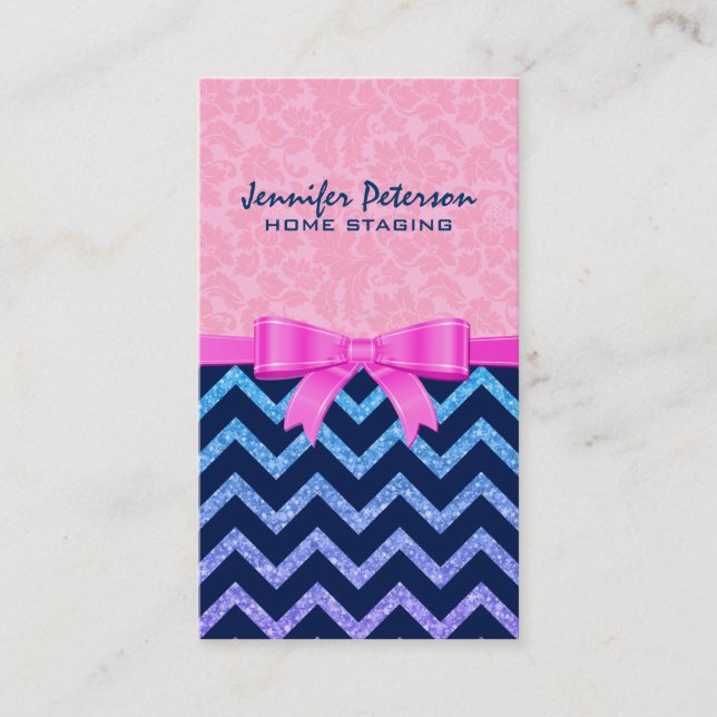 Färgfläckar för Rosa av Glitter Blue Chevron Visitkort (Framsida)